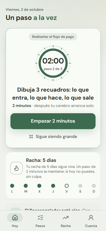 Captura de AVANZA: la pantalla Hoy con el reloj de 2 minutos, tu paso y tu racha