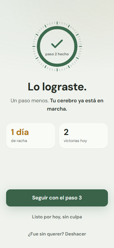 Captura de AVANZA: la pantalla de victoria al completar el paso